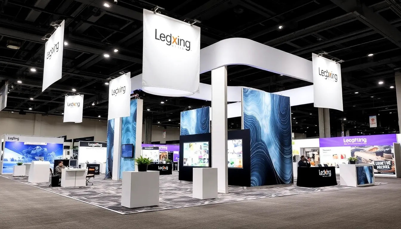 Trade show booth display with large fabric graphics and clean branding