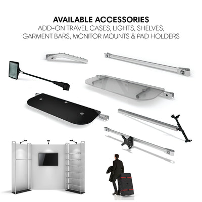 Trade show display accessories including travel cases, lights, shelves, garment bars, monitor mounts, and pad holders for exhibitions