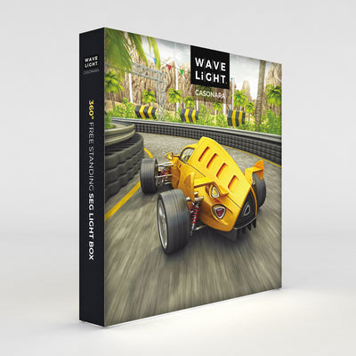 360° free standing SEG light box display showcasing high-speed racing car graphic for trade shows and exhibitions