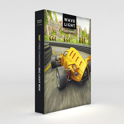 360° free standing SEG light box display featuring racing car graphic for trade shows and exhibitions
