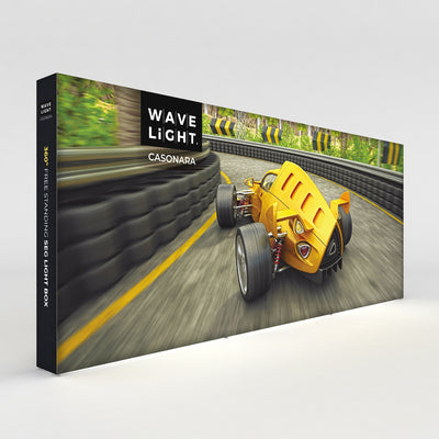 Wave Light 360° free standing SEG light box featuring race car curved track graphic for trade show displays