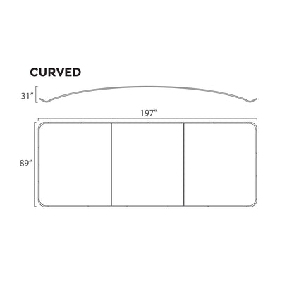 Curved trade show display frame with dimensions 197 by 89 by 31 inches for exhibitions and events