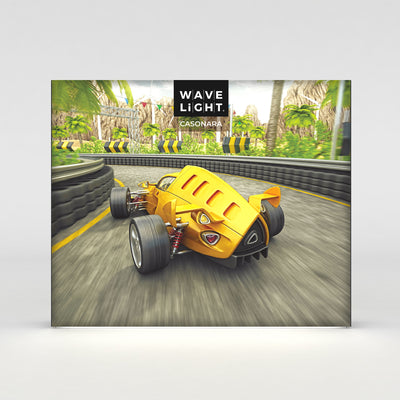 Trade show display featuring racing car image on a backdrop for exhibitions and special events