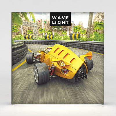 Trade show display featuring racing car graphic with Wave Light Casonara branding for exhibitions
