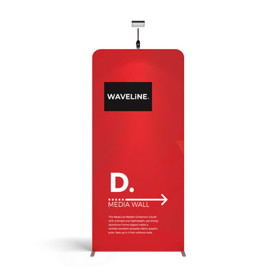 Portable WaveLine Media Wall display with graphic print, ideal for trade shows and exhibitions