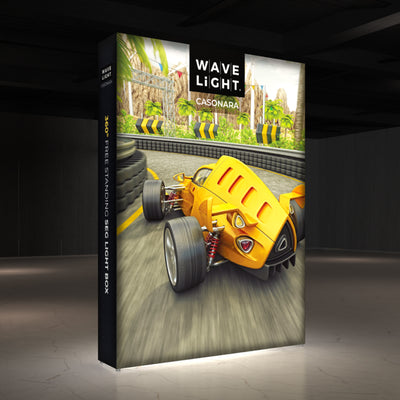 Freestanding light box display featuring racing car graphic for trade shows and exhibitions