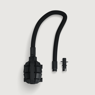 Compact air pump with flexible hose and nozzle attachment for inflating balloons at trade shows and events