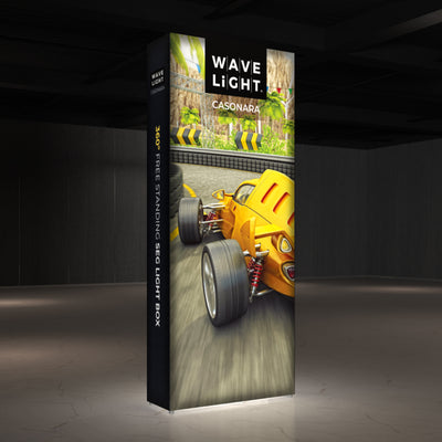 Freestanding segmented light box with racing car graphic for trade shows and exhibitions