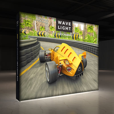 Illuminated large freestanding display box featuring a race car image for trade shows and exhibitions