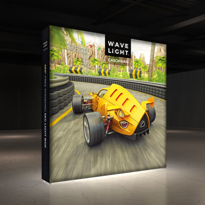 Large freestanding SEG light box display featuring racing car graphic for trade shows and exhibitions
