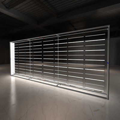 Illuminated modular trade show display wall with horizontal light bars for exhibitions and special events