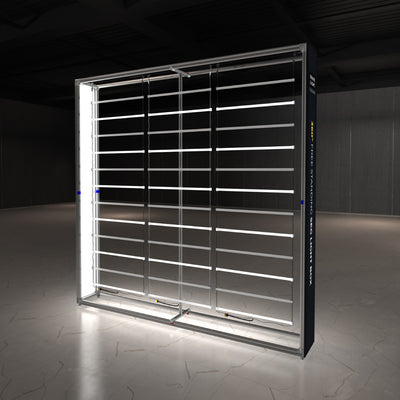 Freestanding illuminated LED display frame for trade shows and exhibitions in a large indoor space