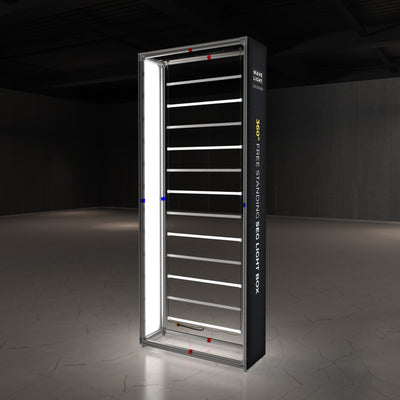 Free standing segmented light box display for trade shows and exhibitions with LED lighting