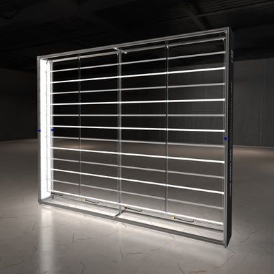Illuminated lightweight frame structure with horizontal light tubes for trade shows and exhibitions