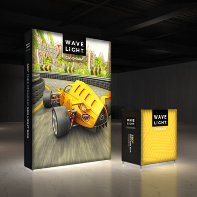 Freestanding SEG lightbox and counter display with racing car graphic for trade shows and exhibitions