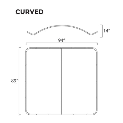 Dimensions schematic of curved trade show display frame measuring 94 by 89 inches with 14 inch curve height
