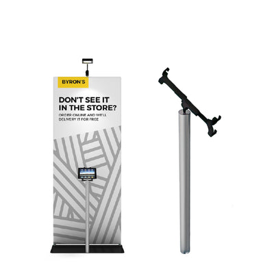 Trade show display stand with attached tablet holder and light for exhibitions and special events