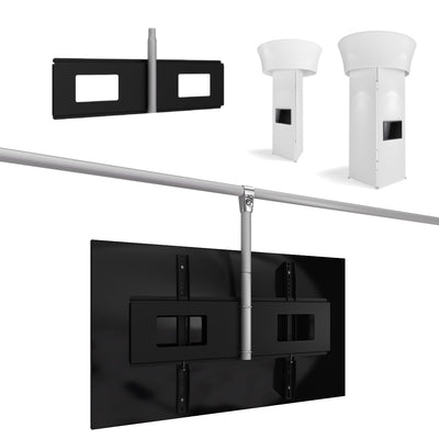Trade show monitor mount attached to overhead frame for exhibition display setups
