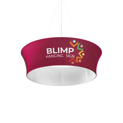 Tapered hanging blimp sign suspended for trade shows and exhibitions with logo and text