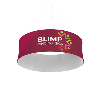 Circular hanging blimp sign for trade shows and exhibitions with bold branding text and graphic logo