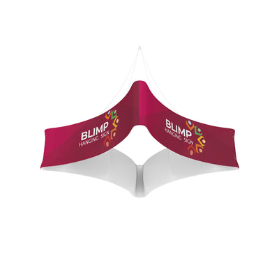 Suspended blimp hanging sign with curved edges for trade shows and exhibitions