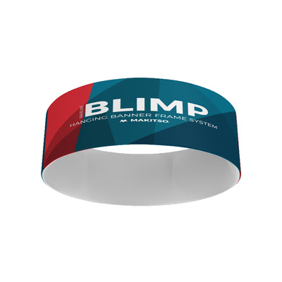 Large circular hanging banner frame for trade shows and exhibitions with branded graphic
