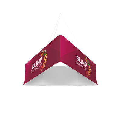 Hanging blimp sign with branding for trade shows and exhibitions suspended from ceiling