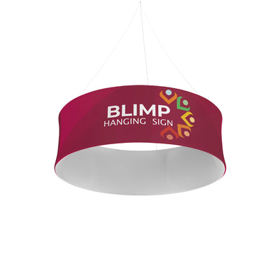 circular blimp hanging sign suspended by cables for trade shows and exhibitions