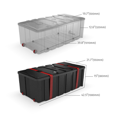 Dimensions of rugged transport case with wheels and straps for trade show and exhibition equipment