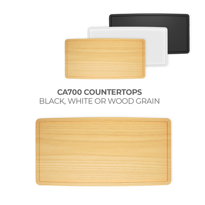 CA700 customizable countertops for trade shows and exhibitions in black, white, and wood grain finishes