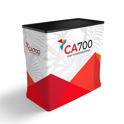 Portable trade show counter with branded graphic wrap for exhibitions and special events