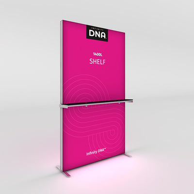 Trade show display panel with integrated shelf for product showcasing at exhibitions and events