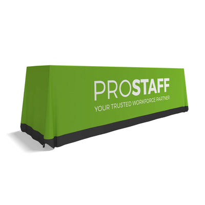 Draped table cover with custom logo for trade shows and exhibitions