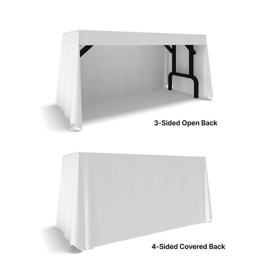 Trade show tables with draped table covers showing 3-sided open back and 4-sided covered back options