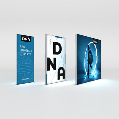 Three professional lightbox displays showcasing bold texts and a futuristic figure, ideal for trade shows and exhibitions