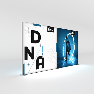 Large DNA Pro trade show backlit display with bold text and futuristic figure in illuminated circular frame