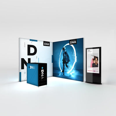 Modern trade show display with illuminated sectional backdrop, branded podium, and digital signage for exhibitions