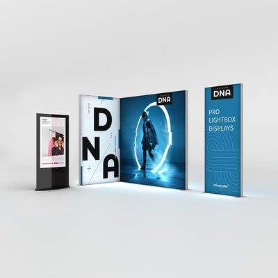 Trade show setup with Infinity DNA pro lightbox displays and digital signage for exhibitions and events