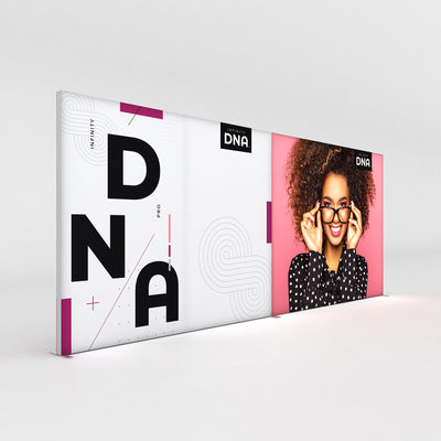 Large fabric trade show display featuring DNA branding and a smiling woman image for exhibitions and special events