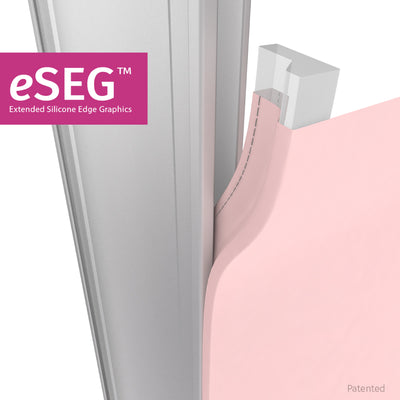 Close-up of Extended Silicone Edge Graphics (eSEG) fabric inserted into trade show display frame for exhibitions and events