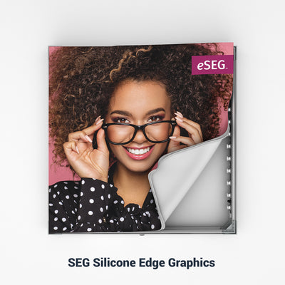 Trade show silicone edge graphic frame featuring close-up portrait of smiling woman adjusting glasses