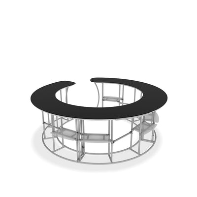 Modular circular trade show counter with metal frame and shelving for exhibitions