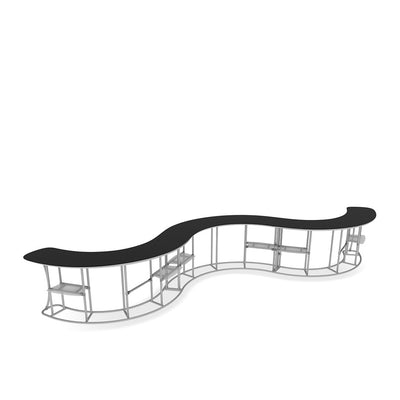 Curved modular trade show counter with metal frame and work surface for exhibitions and events