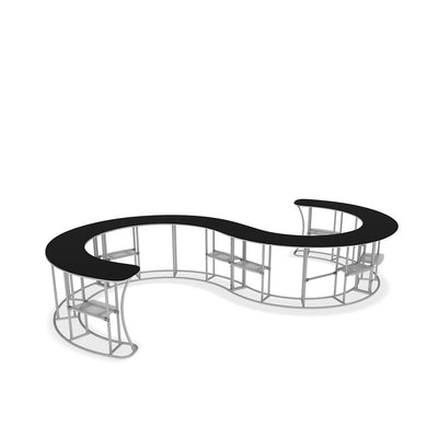 Curved modular counter with metal frame and shelves for trade shows and exhibitions