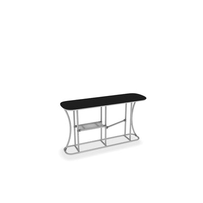 portable trade show counter with metal frame and storage shelf for exhibitions and events