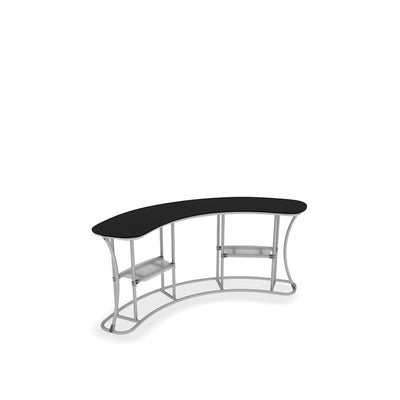 Curved concave trade show counter with metal frame and shelving for exhibitions and events