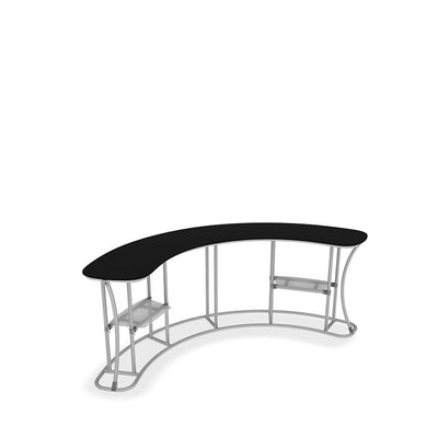 Curved concave counter with metal frame and shelving, ideal for trade shows and exhibitions