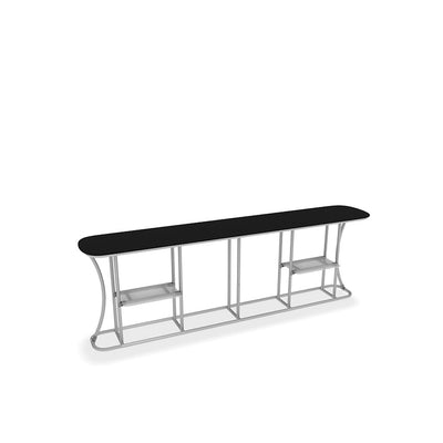 Long trade show counter with sleek frame and two under-shelf display areas for exhibitions