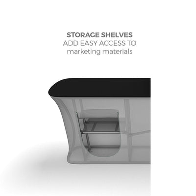 trade show counter with built-in storage shelves for easy access to marketing materials