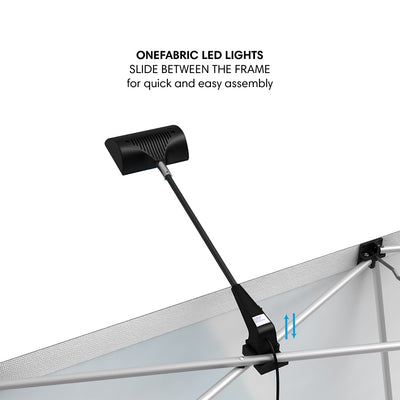 LED light for trade show pop-up display, easily slides between frame for quick assembly